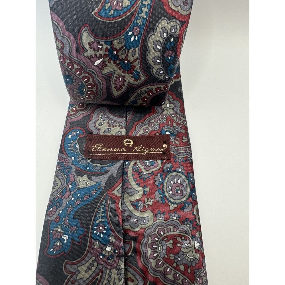 Vintage Etienne Aigner Paisley Silk Necktie Burgundy Red Blue Gray Designer Tie - Picture 2 of 7